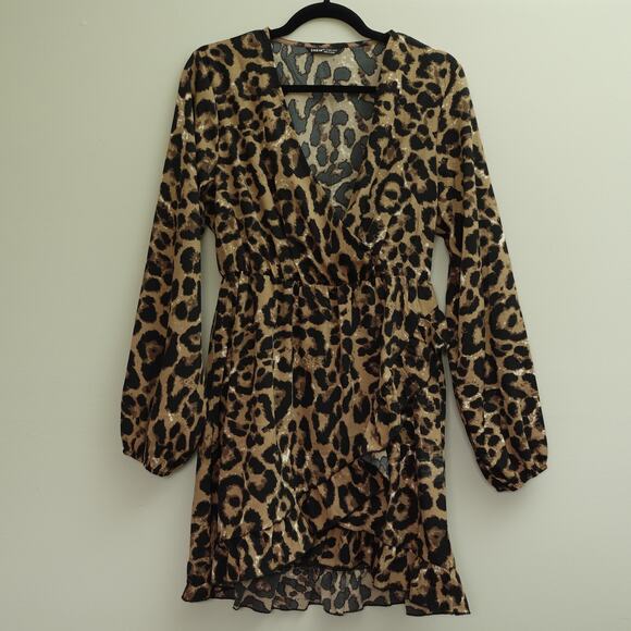 SHEIN LUNE Womens Leopard Print Ruffle Hem Surplice Dress Brown Black Size L - Picture 2 of 10